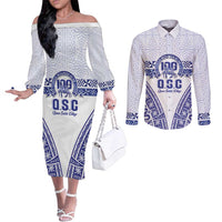 Personalised Queen Salote College Couples Matching Off The Shoulder Long Sleeve Dress and Long Sleeve Button Shirt Kolisi Fefine 100th Anniversary Kupesi White - Polynesian Pride