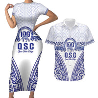 Personalised Queen Salote College Couples Matching Short Sleeve Bodycon Dress and Hawaiian Shirt Kolisi Fefine 100th Anniversary Kupesi White - Polynesian Pride