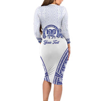 Personalised Queen Salote College Family Matching Long Sleeve Bodycon Dress and Hawaiian Shirt Kolisi Fefine 100th Anniversary Kupesi White - Polynesian Pride