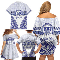 Personalised Queen Salote College Family Matching Off Shoulder Short Dress and Hawaiian Shirt Kolisi Fefine 100th Anniversary Kupesi White - Polynesian Pride