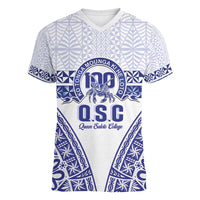 Personalised Queen Salote College Women V-Neck T-Shirt Kolisi Fefine 100th Anniversary Kupesi White - Polynesian Pride