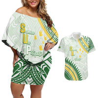 Personalised Samoa Ua Potopoto Couples Matching Off Shoulder Short Dress and Hawaiian Shirt SUP Est 2025 Samoan Pattern - Polynesian Pride
