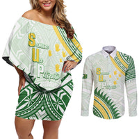 Personalised Samoa Ua Potopoto Couples Matching Off Shoulder Short Dress and Long Sleeve Button Shirt SUP Est 2025 Samoan Pattern - Polynesian Pride