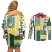 Samoa Uniting Party Couples Matching Off Shoulder Short Dress and Long Sleeve Button Shirt SUP Est 2025 Siapo Pattern - Polynesian Pride