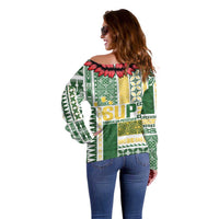 Samoa Uniting Party Off Shoulder Sweater SUP Est 2025 Siapo Pattern - Polynesian Pride