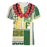 Samoa Uniting Party Women V-Neck T-Shirt SUP Est 2025 Siapo Pattern - Polynesian Pride