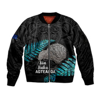 Custom New Zealand Silver Fern Rugby Sleeve Zip Bomber Jacket Pacific 2023 Kia Haka Kiwis With Maori Ta Moko LT14 Unisex Black - Polynesian Pride