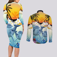 Aloha Hawaii Dolphins Couples Matching Long Sleeve Bodycon Dress and Long Sleeve Button Shirt Heart Of The Ocean Tropical Summer Vibes LT14 - Polynesian Pride