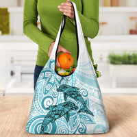 Polynesia Dolphins Grocery Bag Valentine Day Floral Polynesian - Vintage Dark Cyan