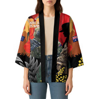 New Zealand and Australia ANZAC Day Kimono Sliver Fern Kakapo With Golden Wattle Kangaroo - Polynesian Pride