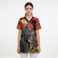 New Zealand and Australia ANZAC Day Scrub Top Sliver Fern Kakapo With Golden Wattle Kangaroo - Polynesian Pride