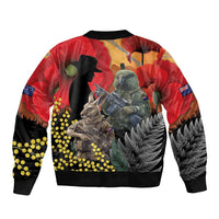 New Zealand and Australia ANZAC Day Sleeve Zip Bomber Jacket Sliver Fern Kakapo With Golden Wattle Kangaroo