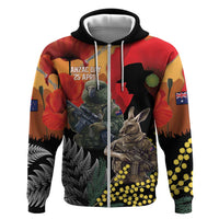 New Zealand and Australia ANZAC Day Zip Hoodie Sliver Fern Kakapo With Golden Wattle Kangaroo