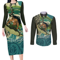 Aotearoa Tangaroa Atua Couples Matching Long Sleeve Bodycon Dress and Long Sleeve Button Shirt New Zealand God Of The Ocean