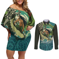 Aotearoa Tangaroa Atua Couples Matching Off Shoulder Short Dress and Long Sleeve Button Shirt New Zealand God Of The Ocean