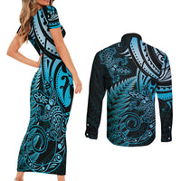 New Zealand Lizard Couples Matching Short Sleeve Bodycon Dress and Long Sleeve Button Shirt Silver Fern Aotearoa Maori Blue Version