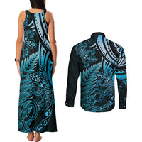 New Zealand Lizard Couples Matching Tank Maxi Dress and Long Sleeve Button Shirt Silver Fern Aotearoa Maori Blue Version