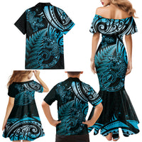 New Zealand Lizard Family Matching Mermaid Dress and Hawaiian Shirt Silver Fern Aotearoa Maori Blue Version