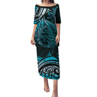 New Zealand Lizard Puletasi Silver Fern Aotearoa Maori Blue Version LT14 Long Dress Blue - Polynesian Pride