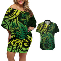 New Zealand Lizard Couples Matching Off Shoulder Short Dress and Hawaiian Shirt Silver Fern Aotearoa Maori Green Version