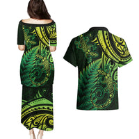 New Zealand Lizard Couples Matching Puletasi and Hawaiian Shirt Silver Fern Aotearoa Maori Green Version