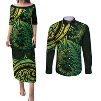 New Zealand Lizard Couples Matching Puletasi and Long Sleeve Button Shirt Silver Fern Aotearoa Maori Green Version LT14 Green - Polynesian Pride