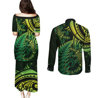New Zealand Lizard Couples Matching Puletasi and Long Sleeve Button Shirt Silver Fern Aotearoa Maori Green Version LT14 - Polynesian Pride