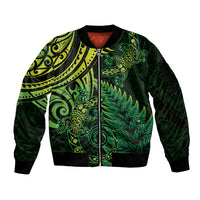 New Zealand Lizard Sleeve Zip Bomber Jacket Silver Fern Aotearoa Maori Green Version