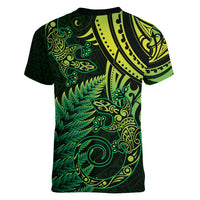 New Zealand Lizard Women V Neck T Shirt Silver Fern Aotearoa Maori Green Version
