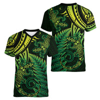 New Zealand Lizard Women V Neck T Shirt Silver Fern Aotearoa Maori Green Version