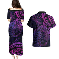 New Zealand Lizard Couples Matching Puletasi and Hawaiian Shirt Silver Fern Aotearoa Maori Purple Version
