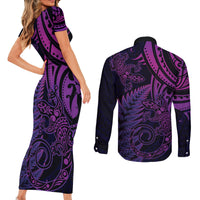 New Zealand Lizard Couples Matching Short Sleeve Bodycon Dress and Long Sleeve Button Shirt Silver Fern Aotearoa Maori Purple Version
