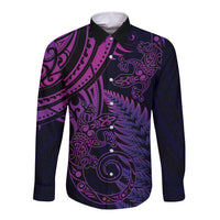 New Zealand Lizard Long Sleeve Button Shirt Silver Fern Aotearoa Maori Purple Version