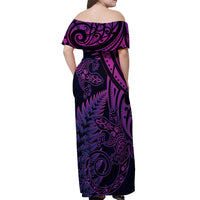 New Zealand Lizard Off Shoulder Maxi Dress Silver Fern Aotearoa Maori Purple Version