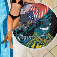 Personalised United States And New Zealand Beach Blanket USA Eagle With Kowhai Aotearoa Tui Bird