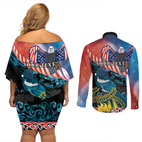Personalised United States And New Zealand Couples Matching Off Shoulder Short Dress and Long Sleeve Button Shirt USA Eagle With Kowhai Aotearoa Tui Bird