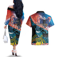 Personalised United States And New Zealand Couples Matching Off The Shoulder Long Sleeve Dress and Hawaiian Shirt USA Eagle With Kowhai Aotearoa Tui Bird