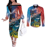 Personalised United States And New Zealand Couples Matching Off The Shoulder Long Sleeve Dress and Long Sleeve Button Shirt USA Eagle With Kowhai Aotearoa Tui Bird