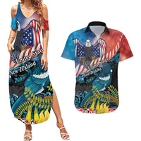 Personalised United States And New Zealand Couples Matching Summer Maxi Dress and Hawaiian Shirt USA Eagle With Kowhai Aotearoa Tui Bird LT14 Blue - Polynesian Pride