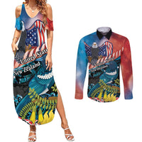 Personalised United States And New Zealand Couples Matching Summer Maxi Dress and Long Sleeve Button Shirt USA Eagle With Kowhai Aotearoa Tui Bird