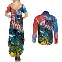 Personalised United States And New Zealand Couples Matching Summer Maxi Dress and Long Sleeve Button Shirt USA Eagle With Kowhai Aotearoa Tui Bird