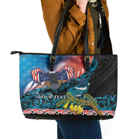 Personalised United States And New Zealand Leather Tote Bag USA Eagle With Kowhai Aotearoa Tui Bird