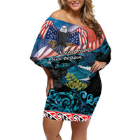Personalised United States And New Zealand Off Shoulder Short Dress USA Eagle With Kowhai Aotearoa Tui Bird LT14 Women Blue - Polynesian Pride