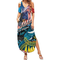 Personalised United States And New Zealand Summer Maxi Dress USA Eagle With Kowhai Aotearoa Tui Bird LT14 Women Blue - Polynesian Pride