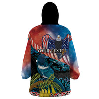 Personalised United States And New Zealand Wearable Blanket Hoodie USA Eagle With Kowhai Aotearoa Tui Bird