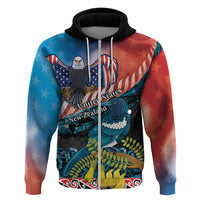 Personalised United States And New Zealand Zip Hoodie USA Eagle With Kowhai Aotearoa Tui Bird