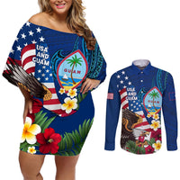 Personalised United States And Guam Couples Matching Off Shoulder Short Dress and Long Sleeve Button Shirt USA Eagle With Guahan Seal Tropical Vibes LT14 Blue - Polynesian Pride