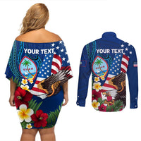 Personalised United States And Guam Couples Matching Off Shoulder Short Dress and Long Sleeve Button Shirt USA Eagle With Guahan Seal Tropical Vibes LT14 - Polynesian Pride