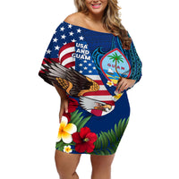 Personalised United States And Guam Off Shoulder Short Dress USA Eagle With Guahan Seal Tropical Vibes LT14 Women Blue - Polynesian Pride