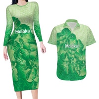 Aloha Hawaii Molokai Island Couples Matching Long Sleeve Bodycon Dress and Hawaiian Shirt Hibiscus Tribal Honu Hawaiian Tattoo Green